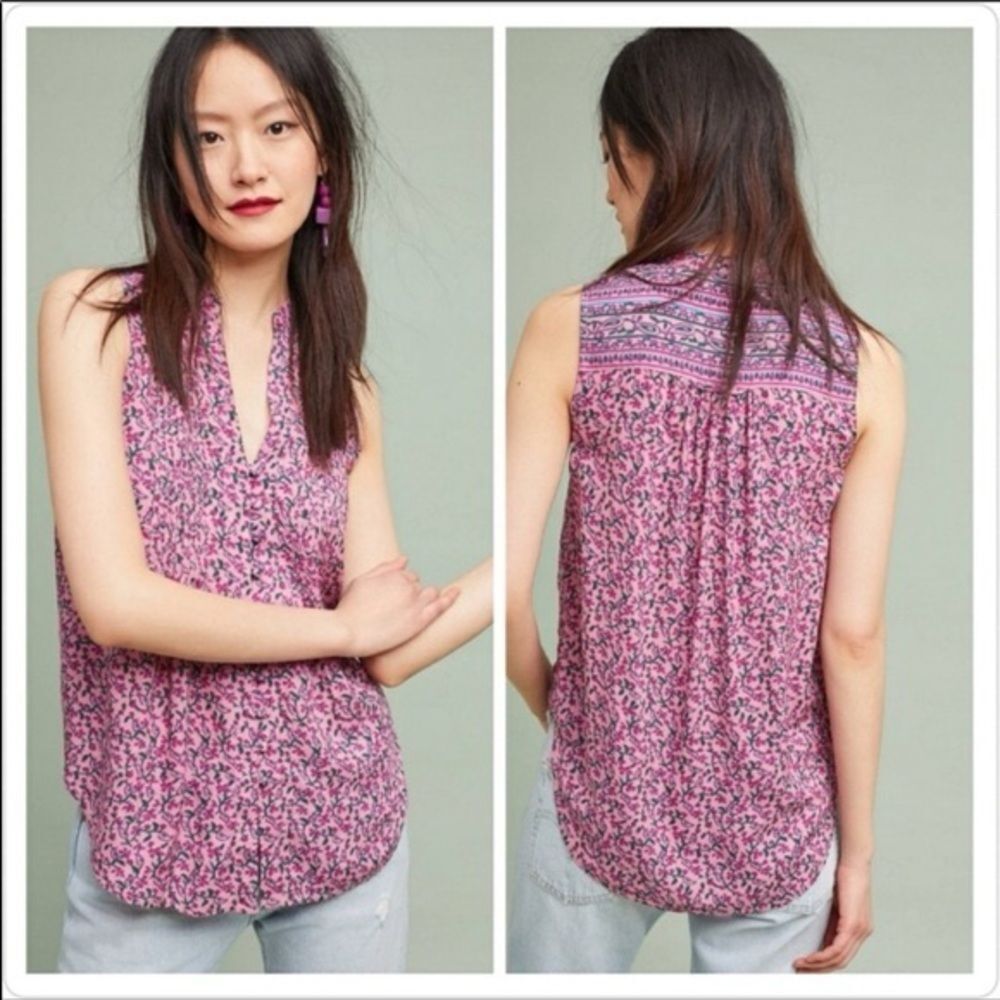 Anthropologie Maeve Petunia Pintuck Tank Floral Blouse Pink Sleeveless Size XS
